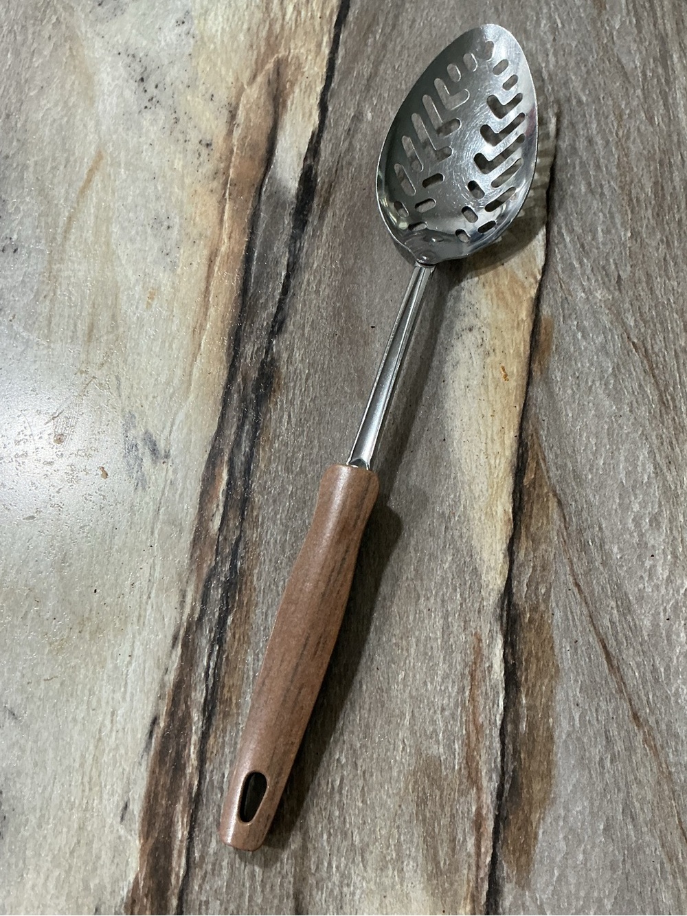 Vintage EKCO 12.5” Slotted Serving Spoon Stainless Steel Faux Wood Handle MCM